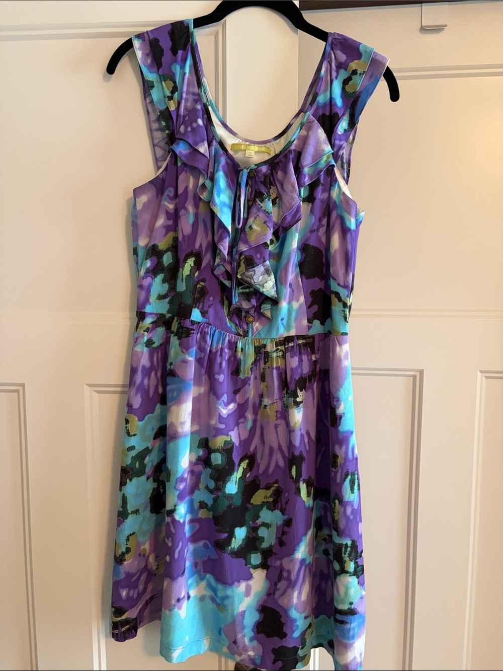 Gianni Bini Purple, Turquoise & Black Ruffle Front Sleeveless Dress